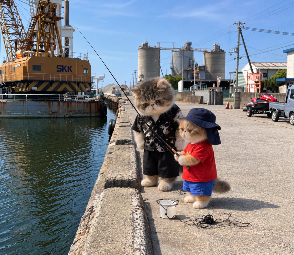 港の岸壁で釣竿を持って釣りをする小さな猫と、その隣で見守る大きな猫。